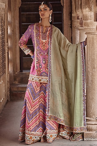 Baby Pink & Lilac Viscose Silk Floral Work Kurta Set by Kalista