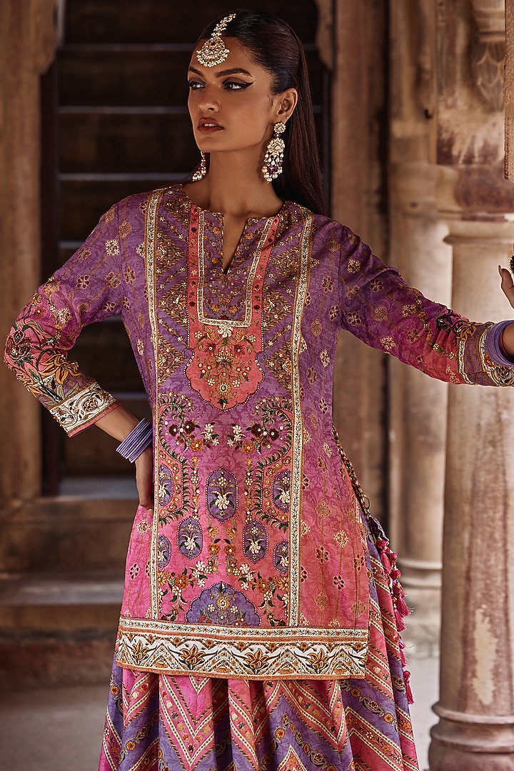 Baby Pink & Lilac Viscose Silk Floral Work Kurta Set by Kalista at Pernia's Pop Up Shop