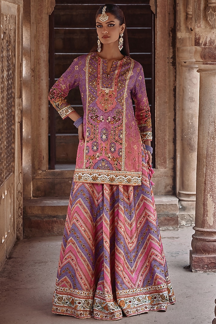 Baby Pink & Lilac Viscose Silk Floral Work Kurta Set by Kalista at Pernia's Pop Up Shop