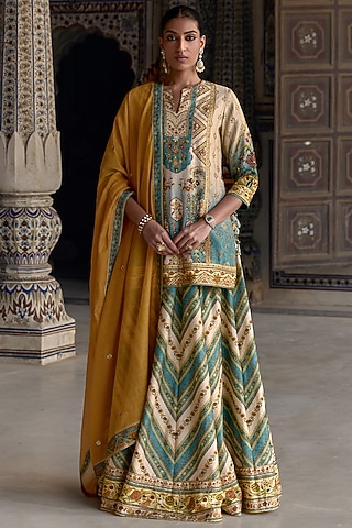Ivory & Sea Blue Viscose Silk Floral Work Kurta Set by Kalista