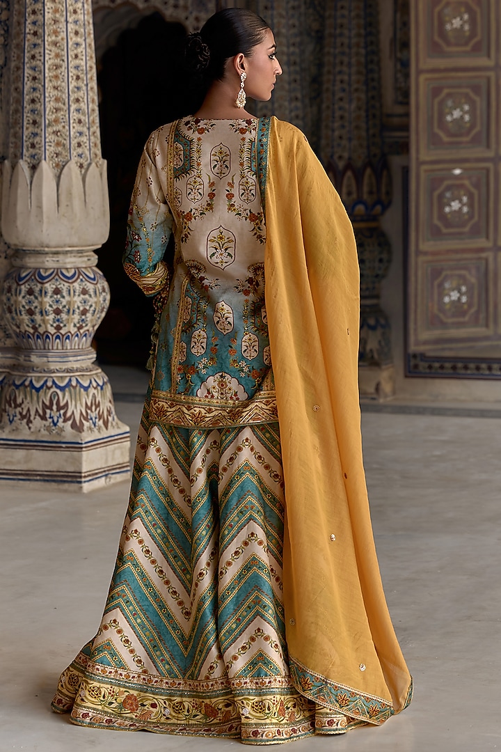 Ivory & Sea Blue Viscose Silk Floral Work Kurta Set by Kalista at Pernia's Pop Up Shop