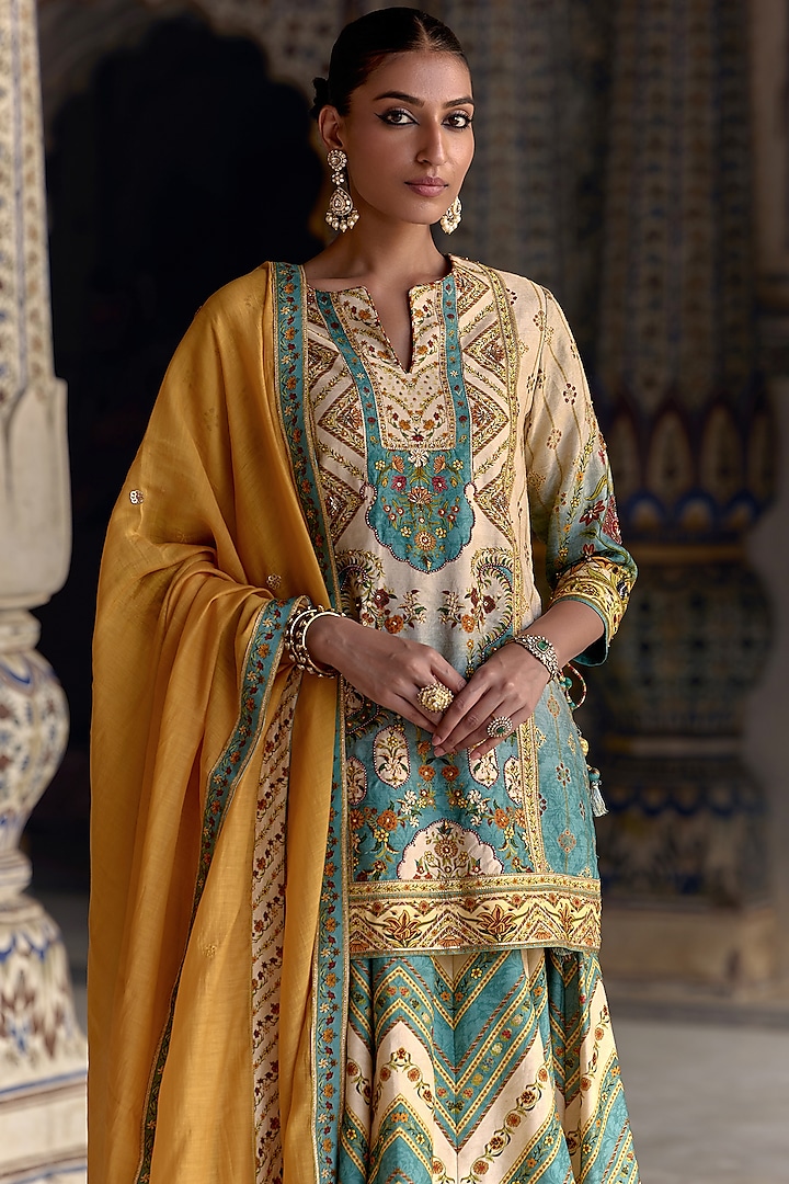 Ivory & Sea Blue Viscose Silk Floral Work Kurta Set by Kalista at Pernia's Pop Up Shop