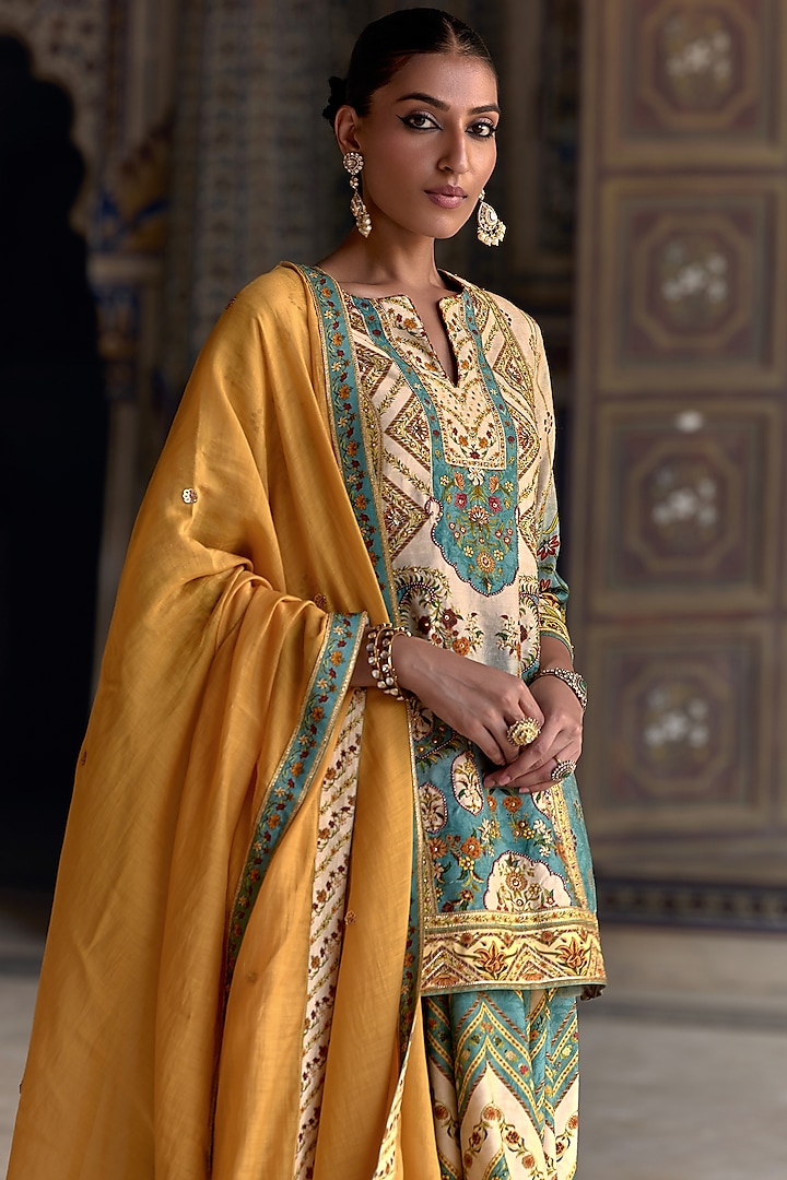 Ivory & Sea Blue Viscose Silk Floral Work Kurta Set by Kalista at Pernia's Pop Up Shop
