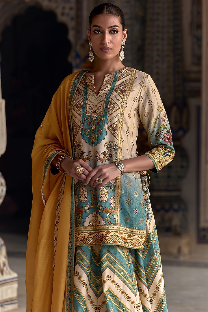 Ivory & Sea Blue Viscose Silk Floral Work Kurta Set by Kalista at Pernia's Pop Up Shop