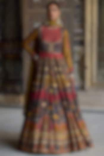 Multi-Colored Chanderi Silk Floral Hand Embroidered Anarkali Set by Kalista at Pernia's Pop Up Shop