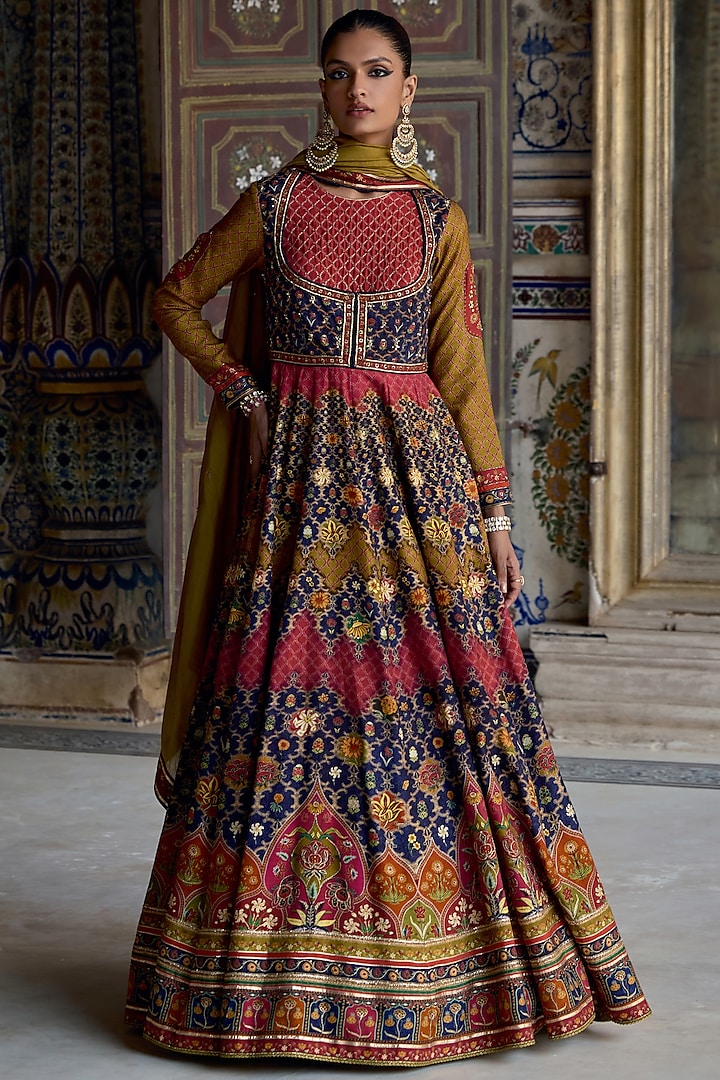 Multi-Colored Chanderi Silk Floral Hand Embroidered Anarkali Set by Kalista at Pernia's Pop Up Shop