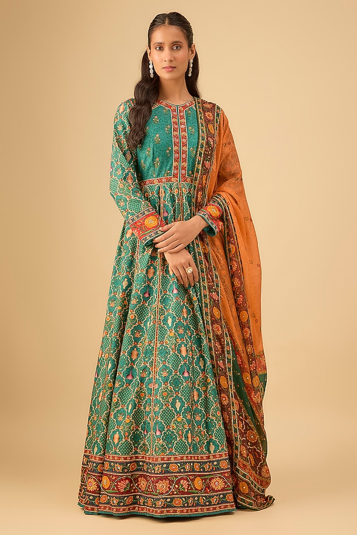 Green Viscose Silk Floral Hand Embroidered Wedding Anarkali Set by Kalista at Pernia's Pop Up Shop