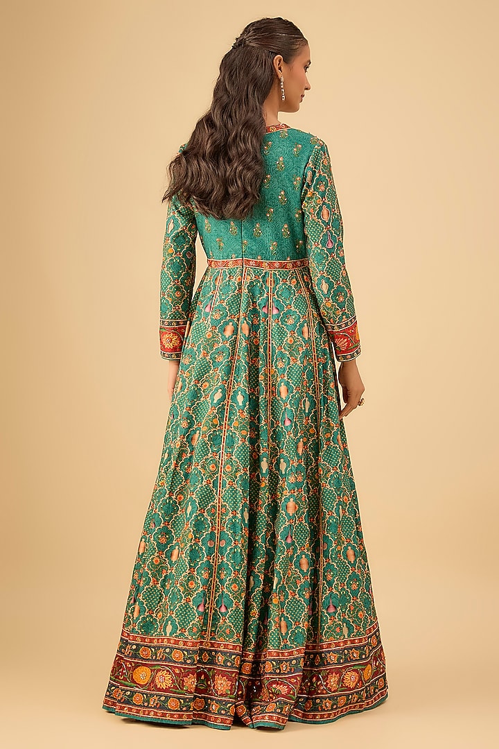 Green Viscose Silk Floral Hand Embroidered Wedding Anarkali Set by Kalista at Pernia's Pop Up Shop