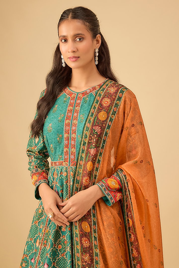 Green Viscose Silk Floral Hand Embroidered Wedding Anarkali Set by Kalista at Pernia's Pop Up Shop
