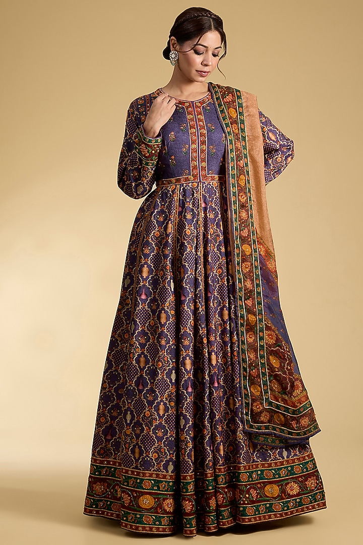 Purple Dola Silk Embroidered & Printed Wedding Anarkali Set by Kalista at Pernia's Pop Up Shop