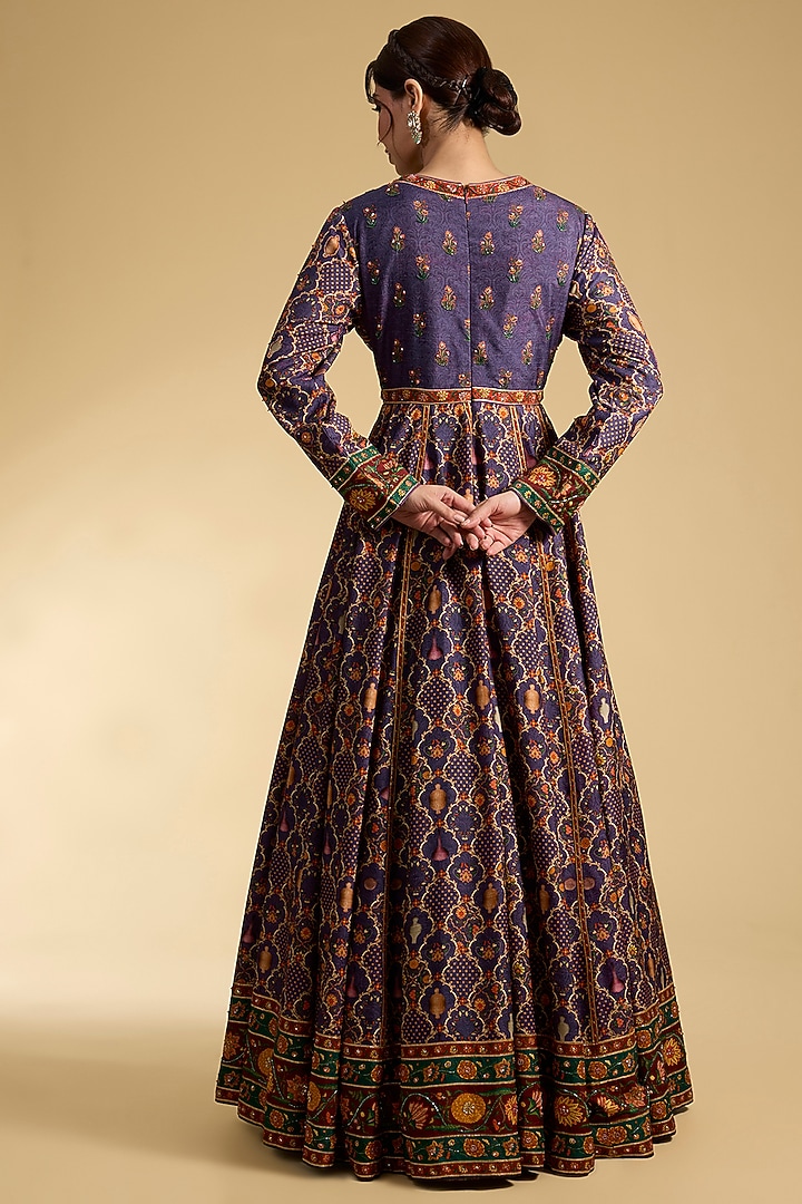 Purple Dola Silk Embroidered & Printed Wedding Anarkali Set by Kalista at Pernia's Pop Up Shop