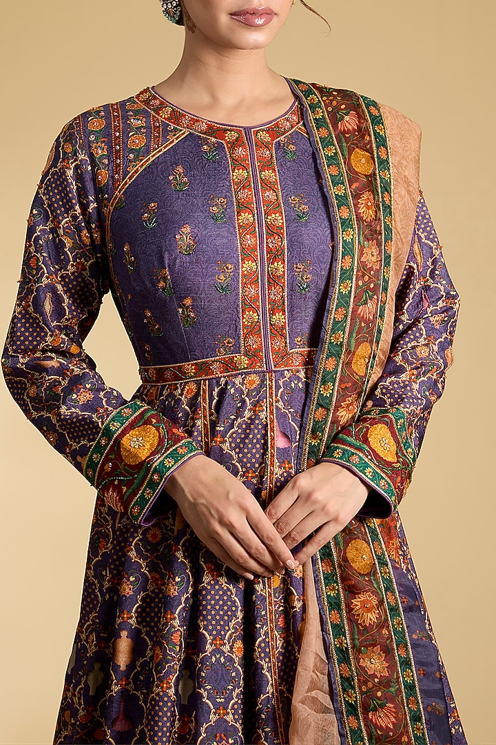 Purple Dola Silk Embroidered & Printed Wedding Anarkali Set by Kalista at Pernia's Pop Up Shop