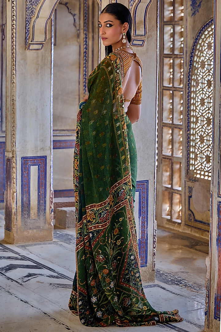 Forest Green Georgette Floral Printed Wedding Saree Set by Kalista at Pernia's Pop Up Shop