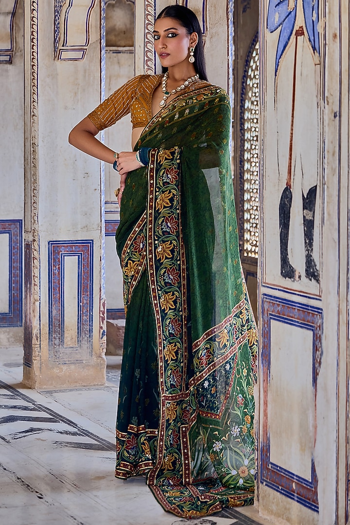Forest Green Georgette Floral Printed Wedding Saree Set by Kalista at Pernia's Pop Up Shop