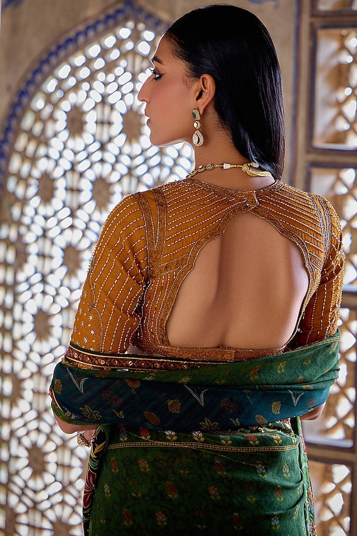 Forest Green Georgette Floral Printed Wedding Saree Set by Kalista at Pernia's Pop Up Shop