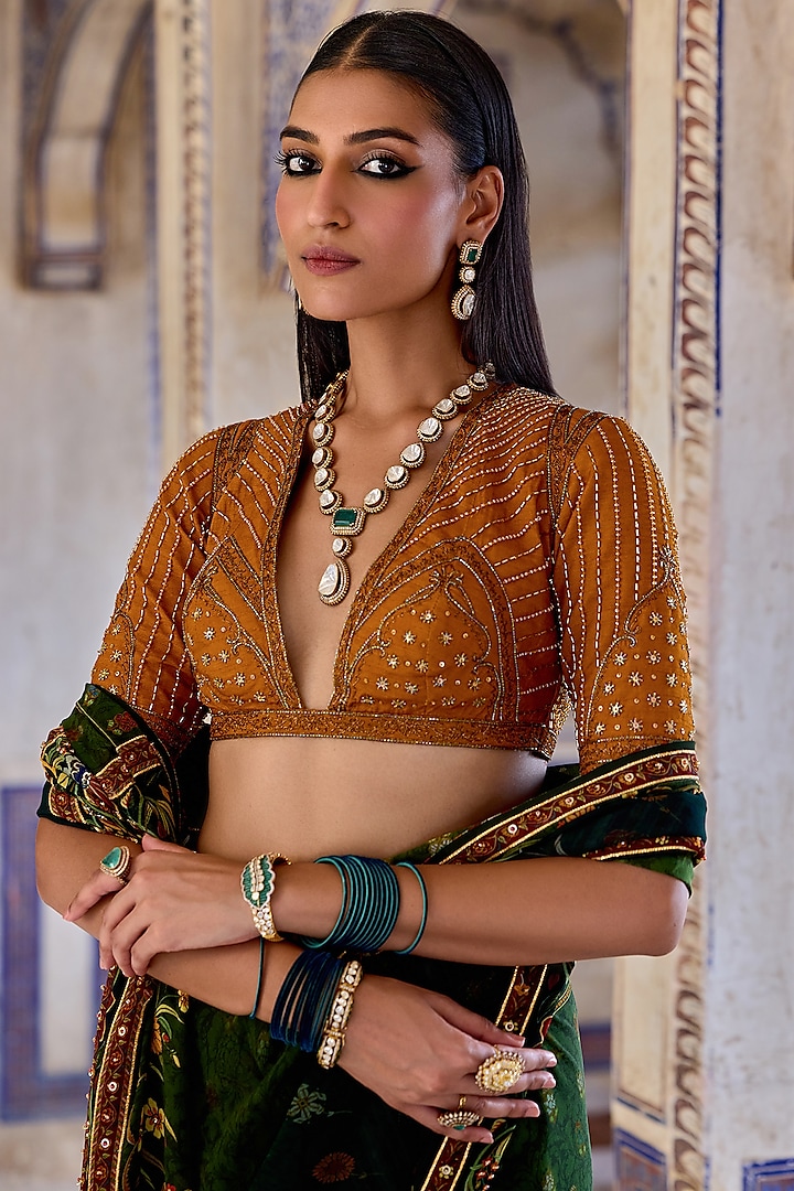 Forest Green Georgette Floral Printed Wedding Saree Set by Kalista at Pernia's Pop Up Shop