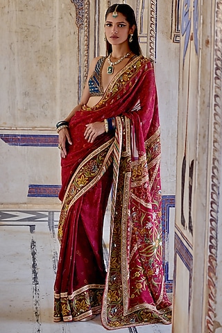 Ruby Red Georgette Floral Motif Printed Saree Set by Kalista