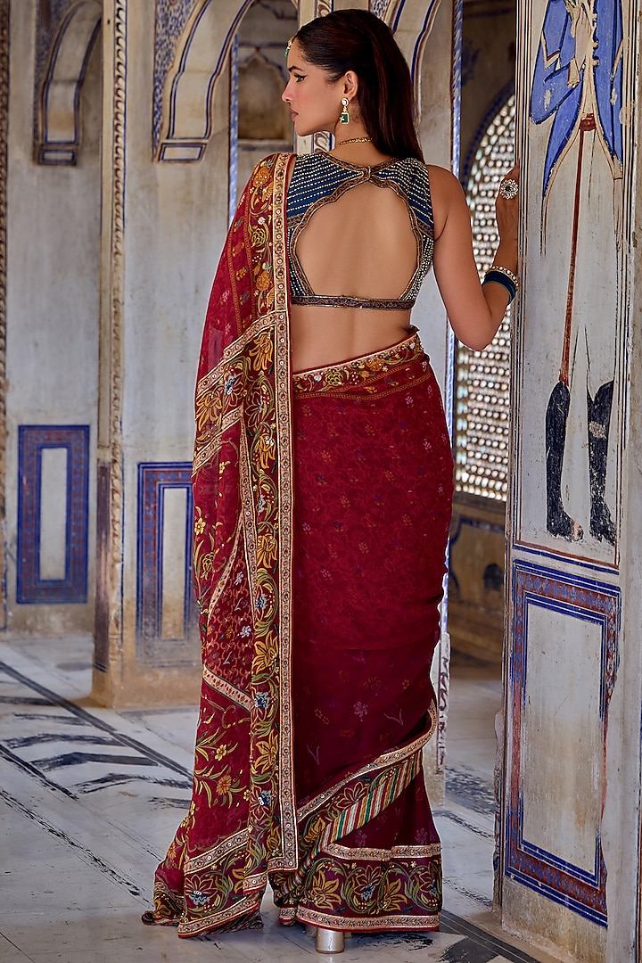 Ruby Red Georgette Floral Motif Printed Wedding Saree Set by Kalista at Pernia's Pop Up Shop