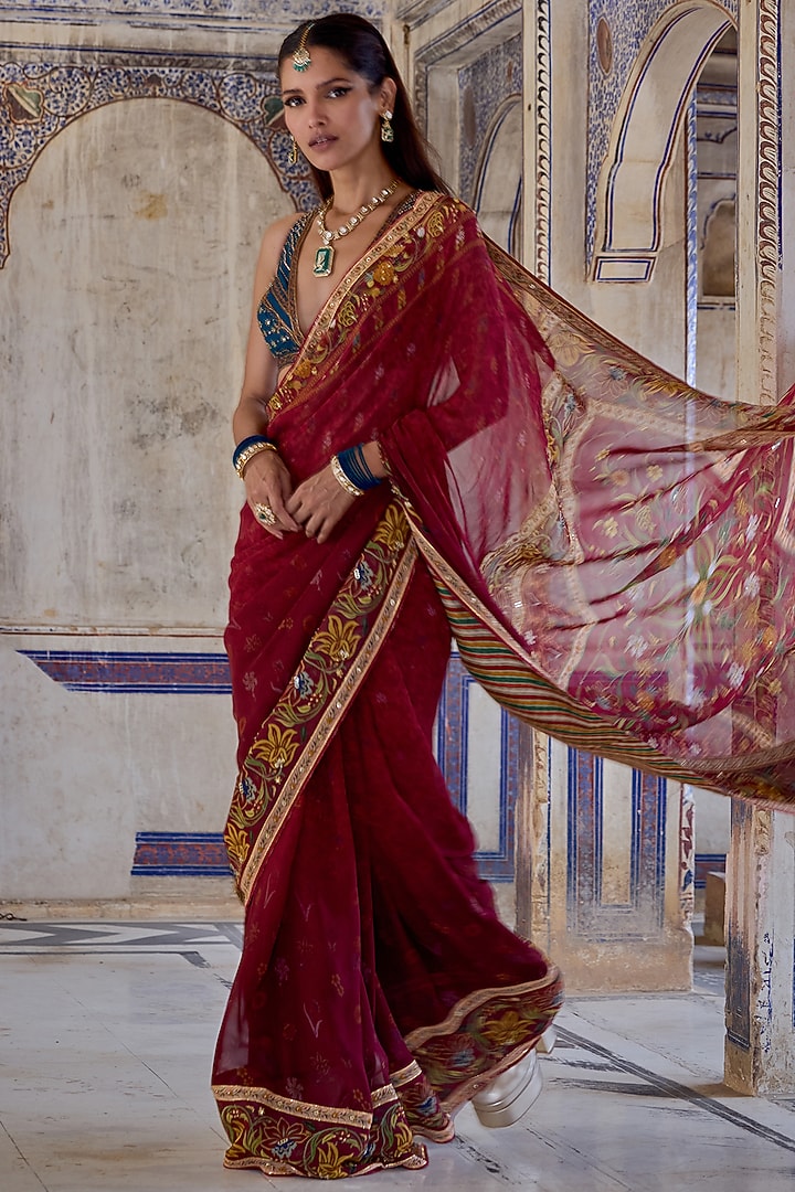 Ruby Red Georgette Floral Motif Printed Wedding Saree Set by Kalista at Pernia's Pop Up Shop