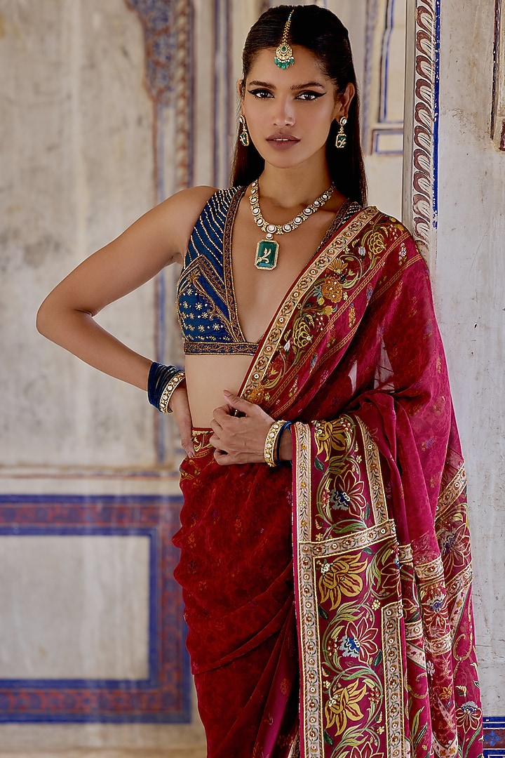 Ruby Red Georgette Floral Motif Printed Wedding Saree Set by Kalista at Pernia's Pop Up Shop