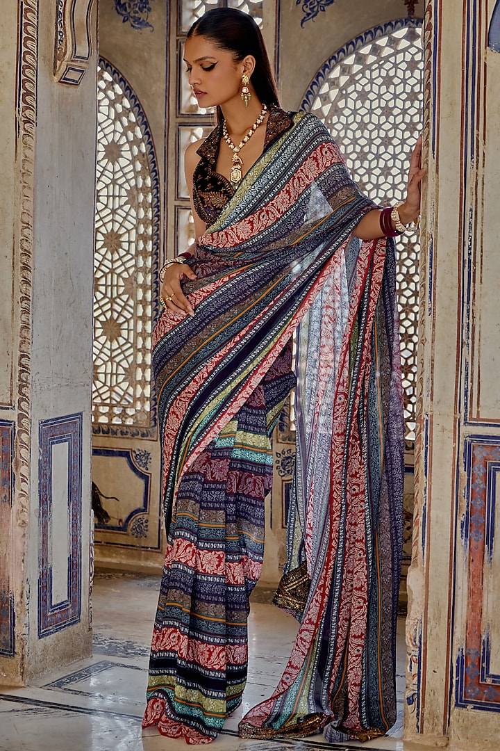 Multi-Colored Chinon Hand Embroidered Wedding Saree Set by Kalista at Pernia's Pop Up Shop