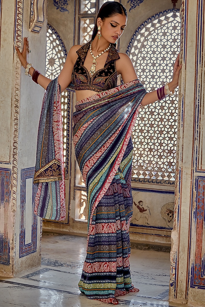 Multi-Colored Chinon Hand Embroidered Wedding Saree Set by Kalista at Pernia's Pop Up Shop