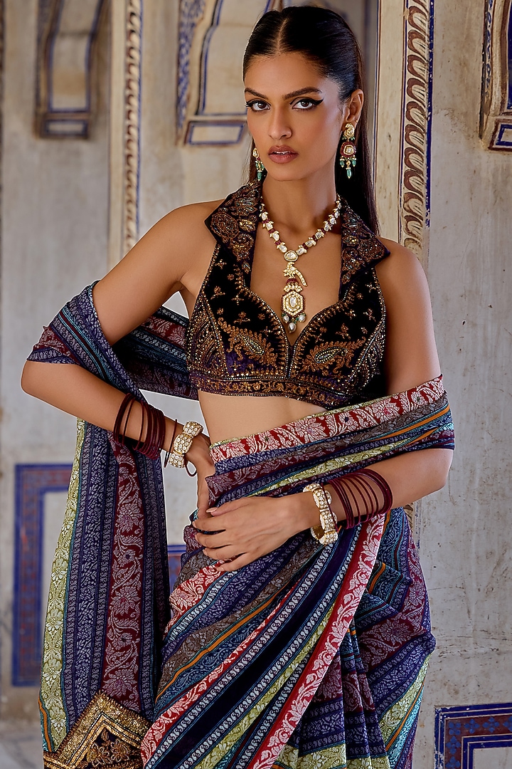 Multi-Colored Chinon Hand Embroidered Wedding Saree Set by Kalista at Pernia's Pop Up Shop