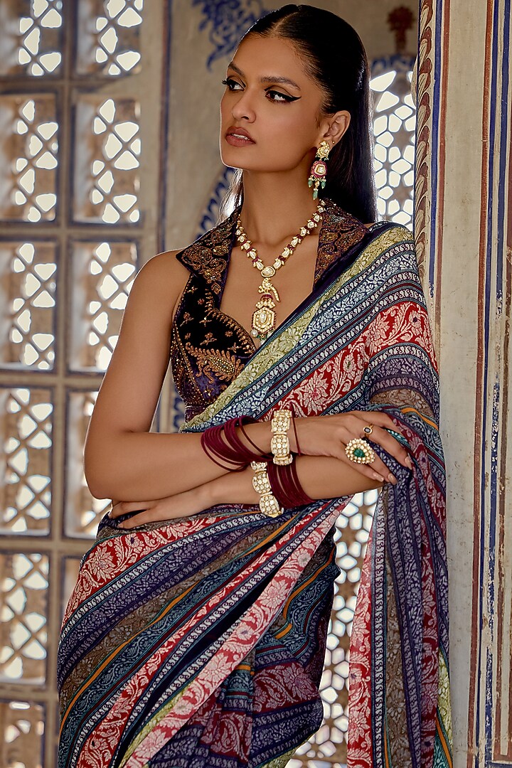 Multi-Colored Chinon Hand Embroidered Wedding Saree Set by Kalista at Pernia's Pop Up Shop