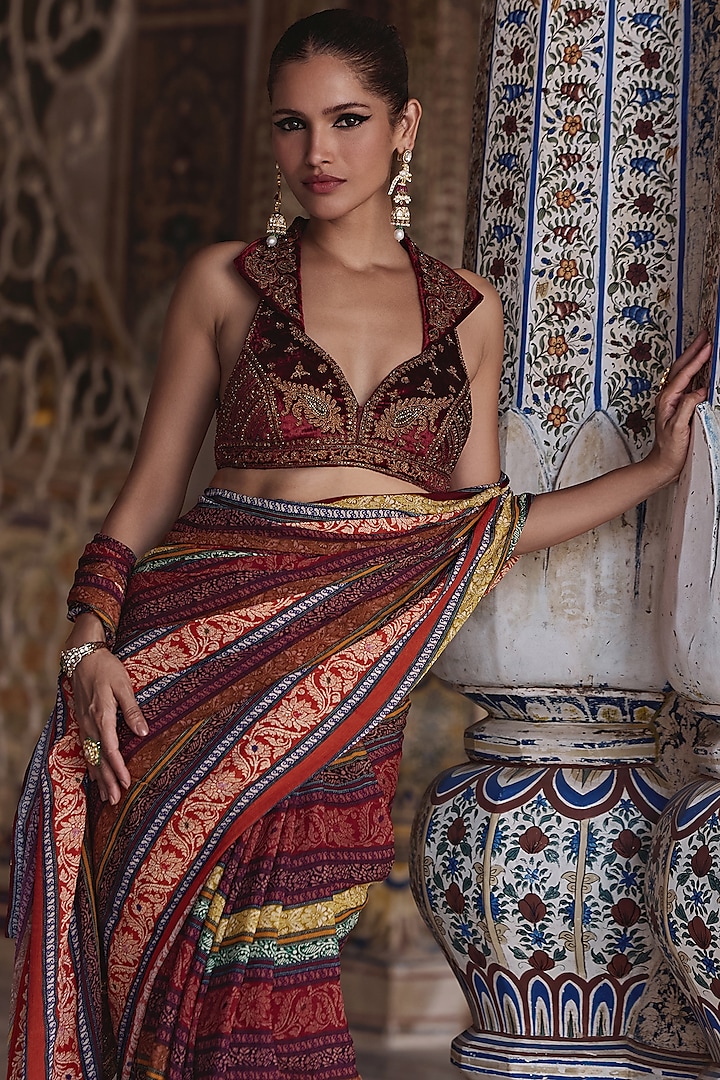 Ruby Chinon Hand Embroidered Wedding Saree Set by Kalista at Pernia's Pop Up Shop