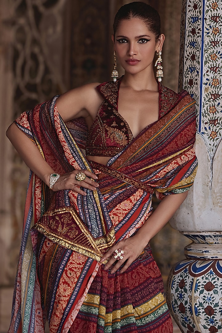 Ruby Chinon Hand Embroidered Wedding Saree Set by Kalista at Pernia's Pop Up Shop