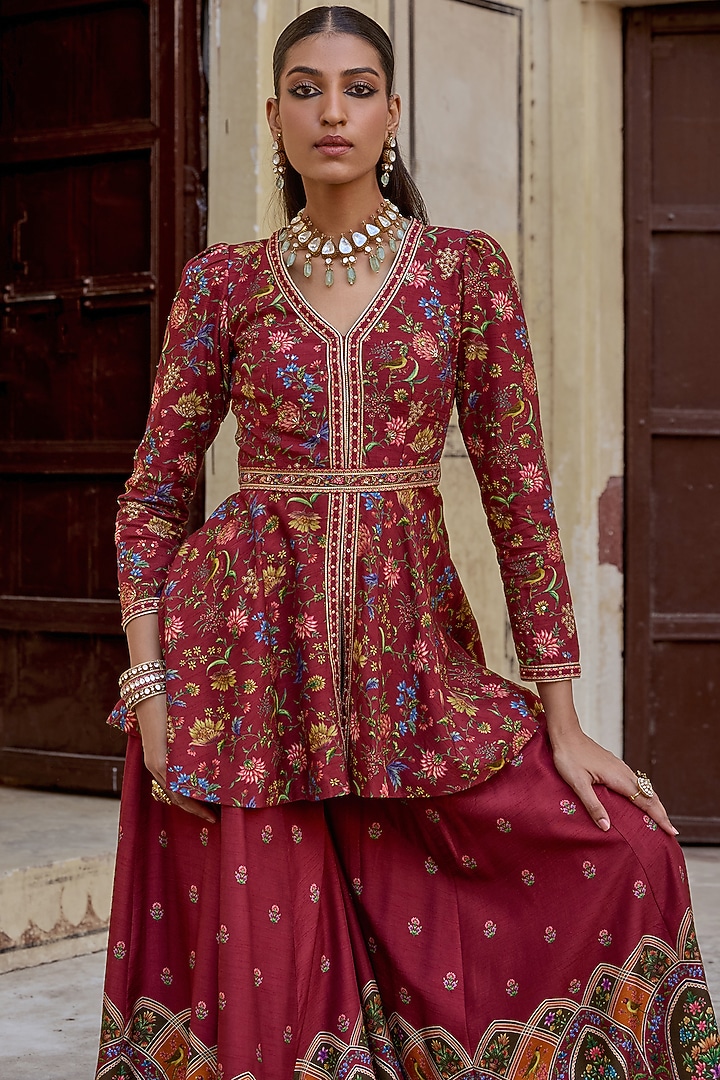 Ruby Chanderi Silk Paisley Motif Wedding Sharara Set by Kalista at Pernia's Pop Up Shop