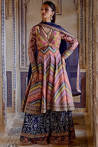 Multi-Colored Chanderi Silk Hand Embroidered Anarkali Set by Kalista