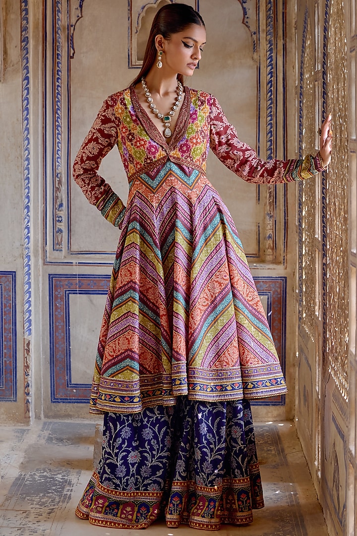Multi-Colored Chanderi Silk Hand Embroidered Wedding Anarkali Set by Kalista at Pernia's Pop Up Shop