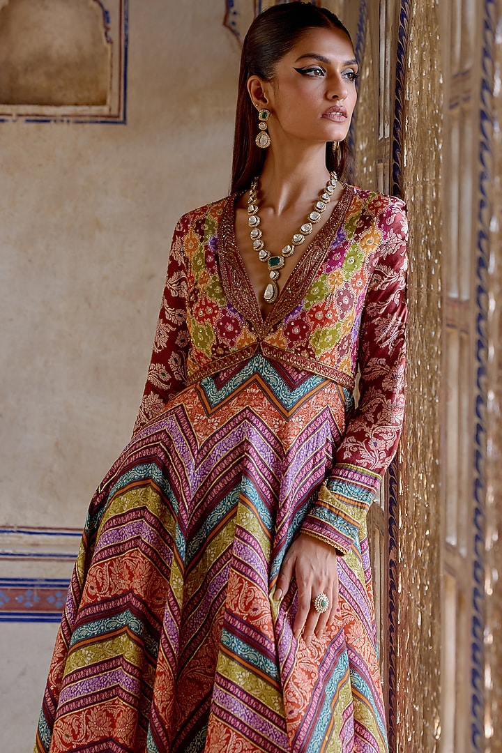 Multi-Colored Chanderi Silk Hand Embroidered Wedding Anarkali Set by Kalista at Pernia's Pop Up Shop