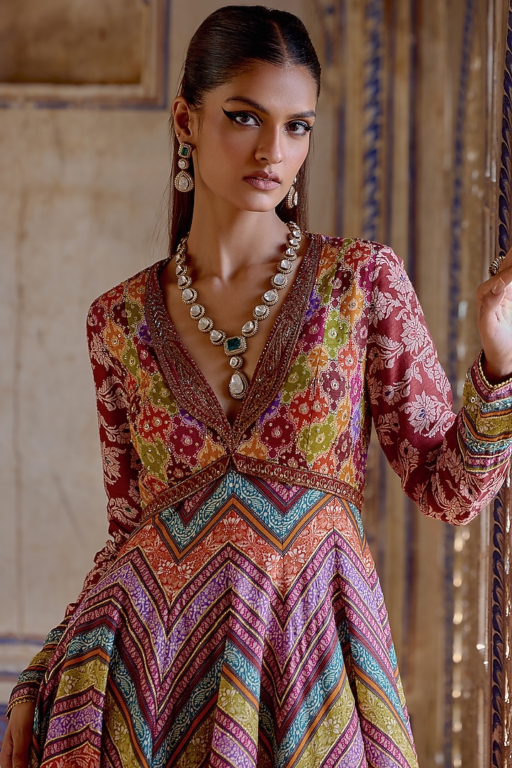 Multi-Colored Chanderi Silk Hand Embroidered Wedding Anarkali Set by Kalista at Pernia's Pop Up Shop