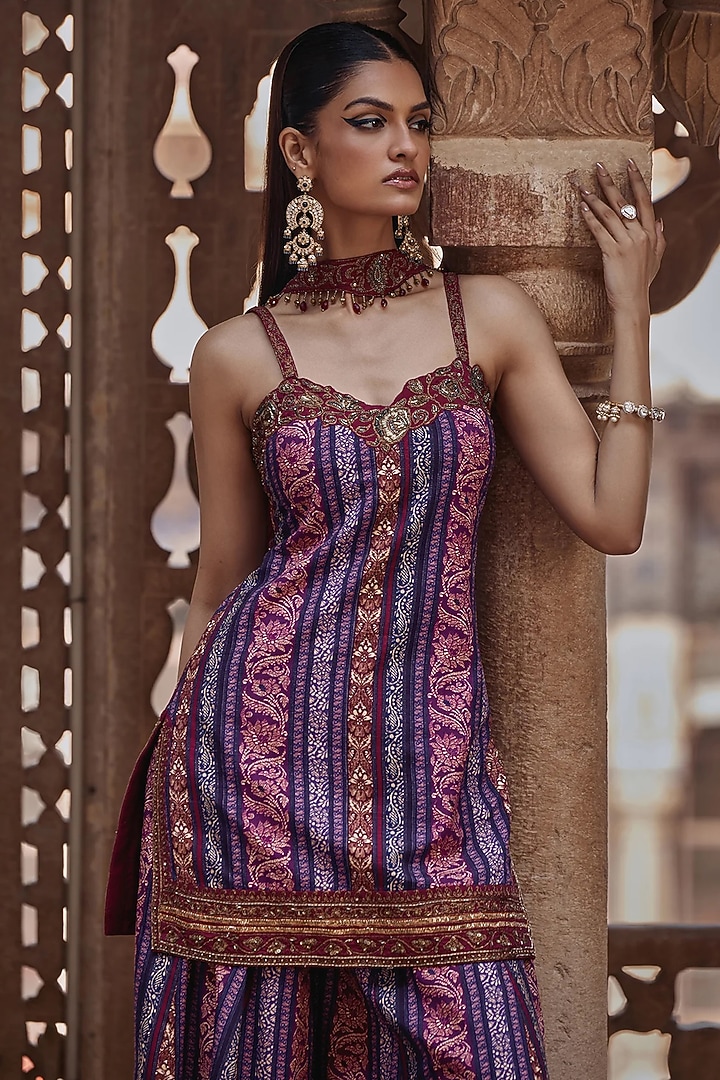 Purple Chanderi Silk Motif Embroidered Wedding Sharara Set by Kalista at Pernia's Pop Up Shop