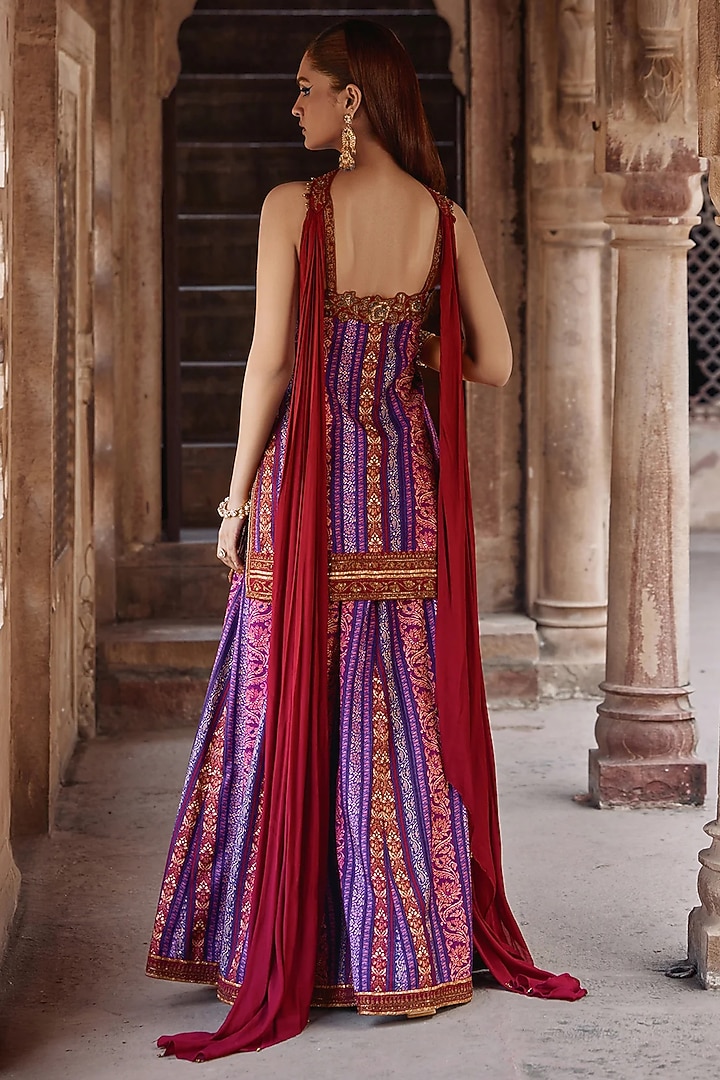 Purple Chanderi Silk Motif Embroidered Wedding Sharara Set by Kalista at Pernia's Pop Up Shop