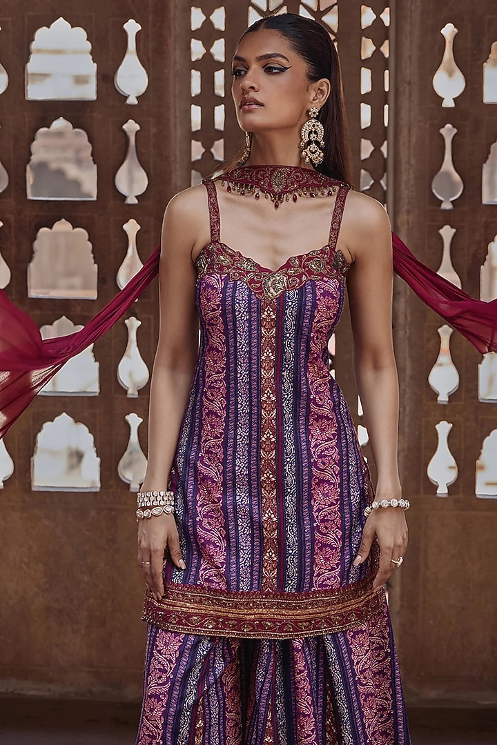 Purple Chanderi Silk Motif Embroidered Wedding Sharara Set by Kalista at Pernia's Pop Up Shop