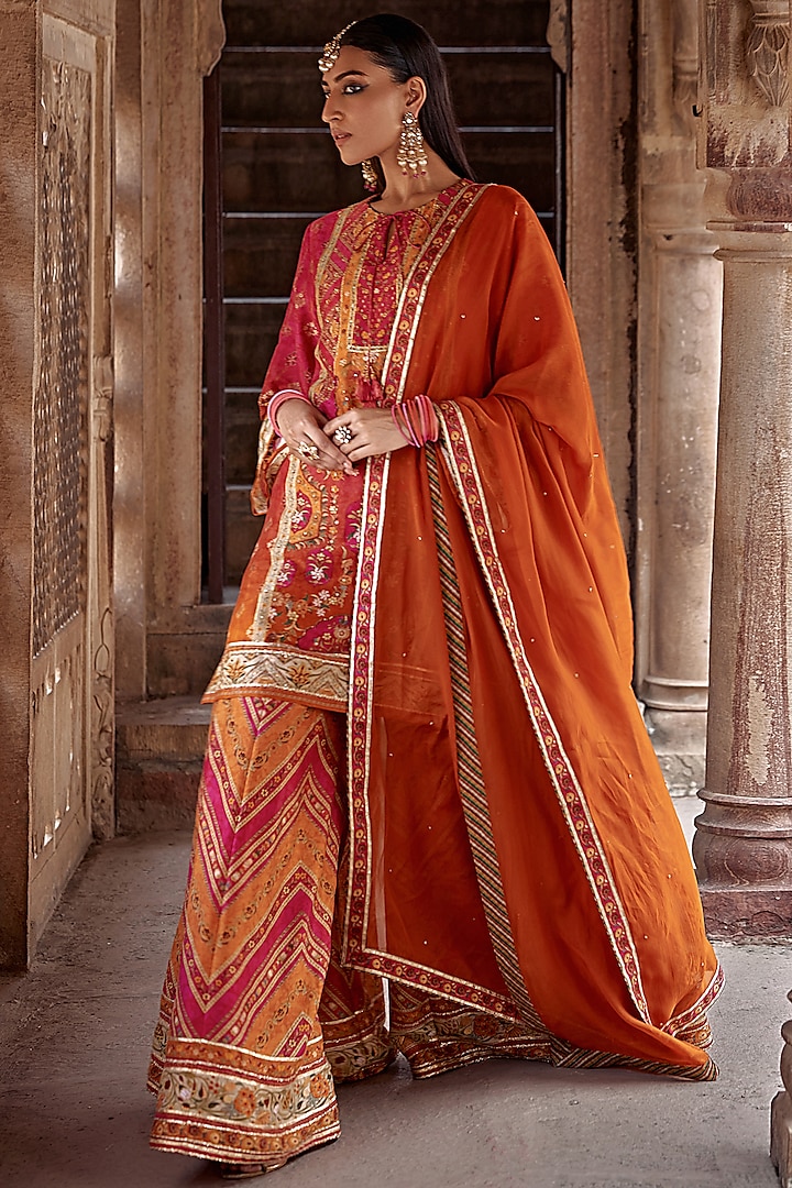 Tangerine & Pink Chanderi Silk Floral Work Sharara Set by Kalista at Pernia's Pop Up Shop