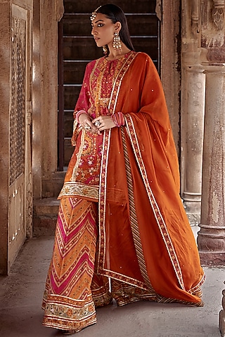 Tangerine & Pink Chanderi Silk Floral Work Sharara Set by Kalista