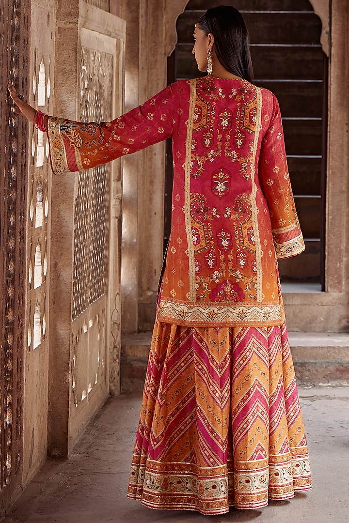 Tangerine & Pink Chanderi Silk Floral Work Wedding Sharara Set by Kalista at Pernia's Pop Up Shop