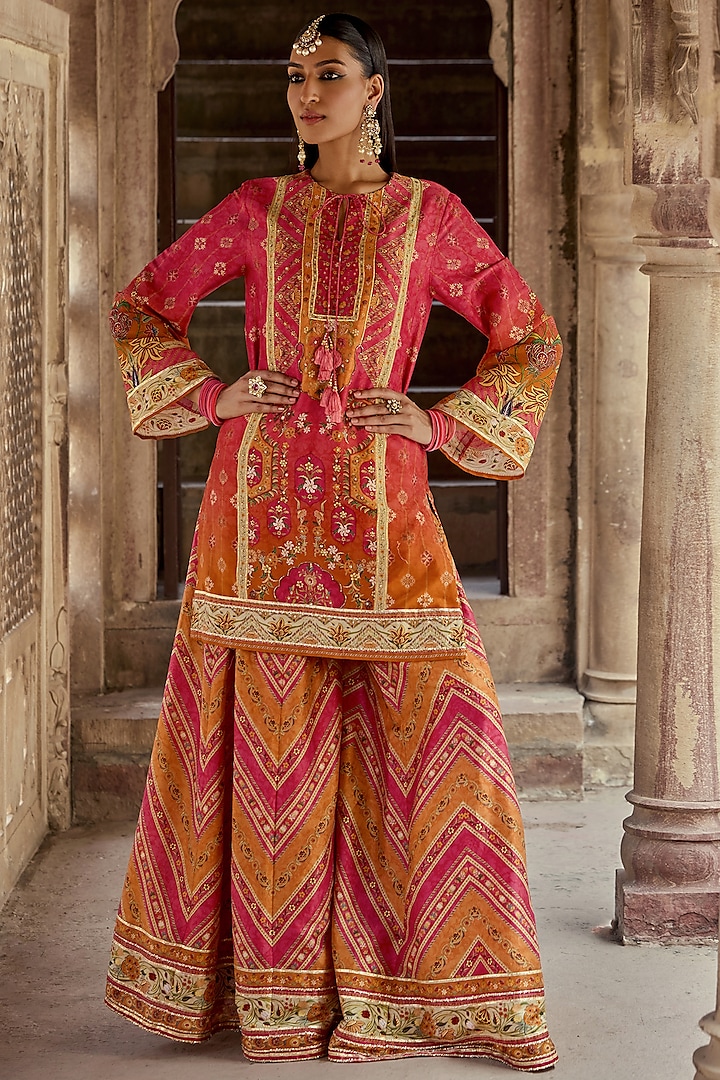 Tangerine & Pink Chanderi Silk Floral Work Wedding Sharara Set by Kalista at Pernia's Pop Up Shop