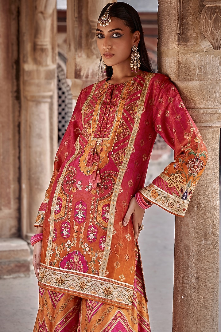 Tangerine & Pink Chanderi Silk Floral Work Wedding Sharara Set by Kalista at Pernia's Pop Up Shop