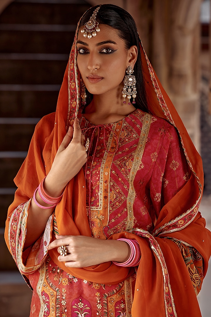 Tangerine & Pink Chanderi Silk Floral Work Wedding Sharara Set by Kalista at Pernia's Pop Up Shop