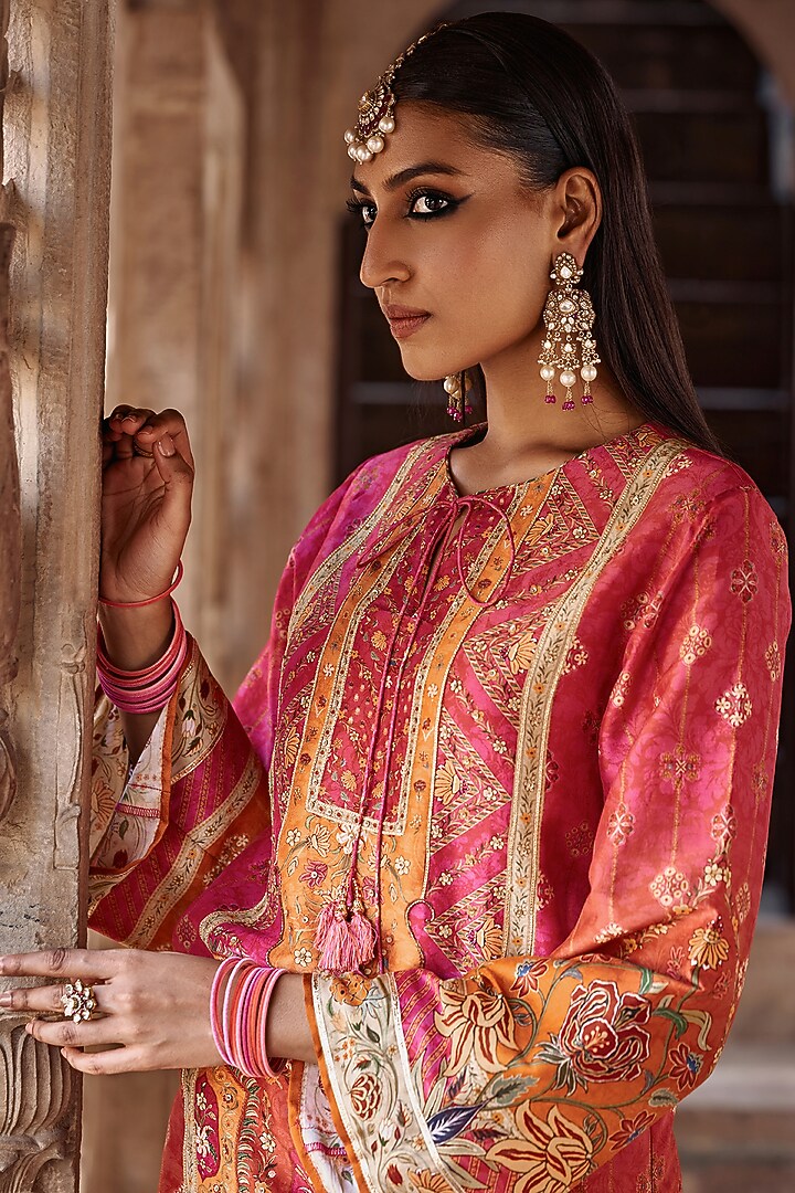 Tangerine & Pink Chanderi Silk Floral Work Wedding Sharara Set by Kalista at Pernia's Pop Up Shop