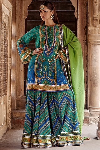 Tiffany & Cobalt Blue Silk Chanderi Floral Work Sharara Set by Kalista