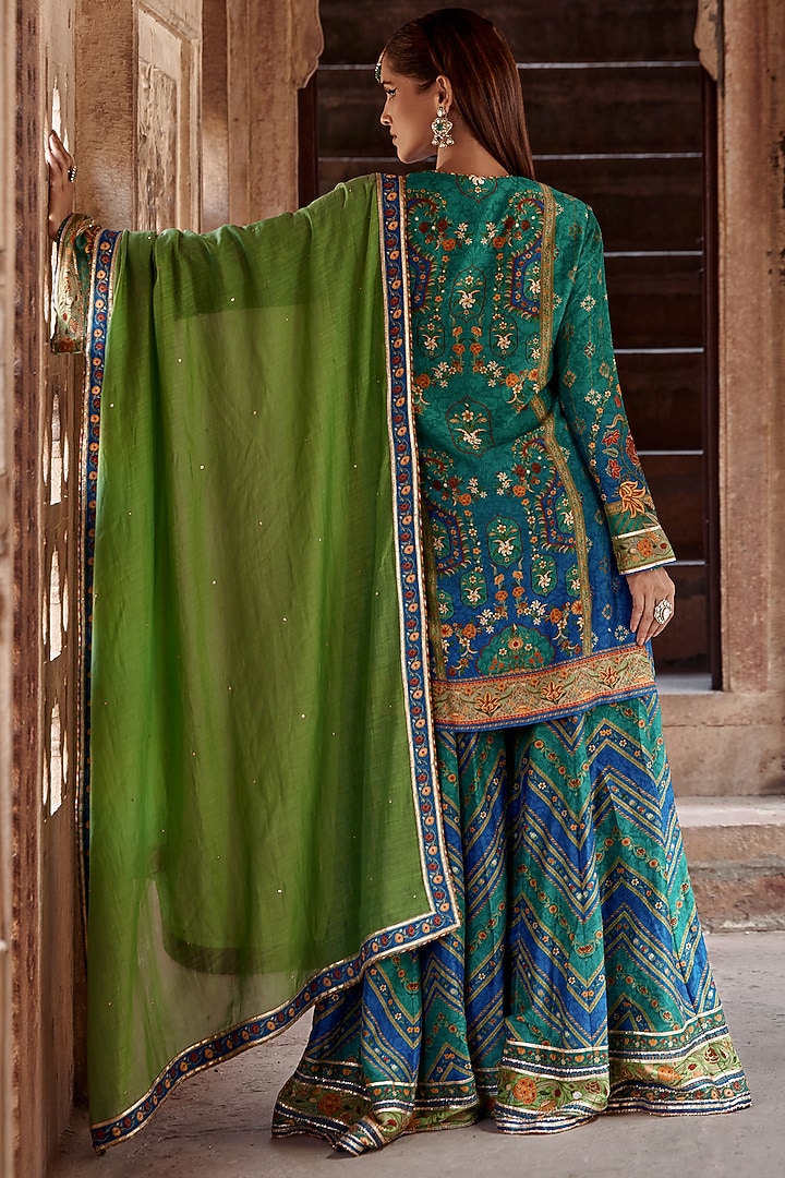 Tiffany & Cobalt Blue Silk Chanderi Floral Work Wedding Sharara Set by Kalista at Pernia's Pop Up Shop