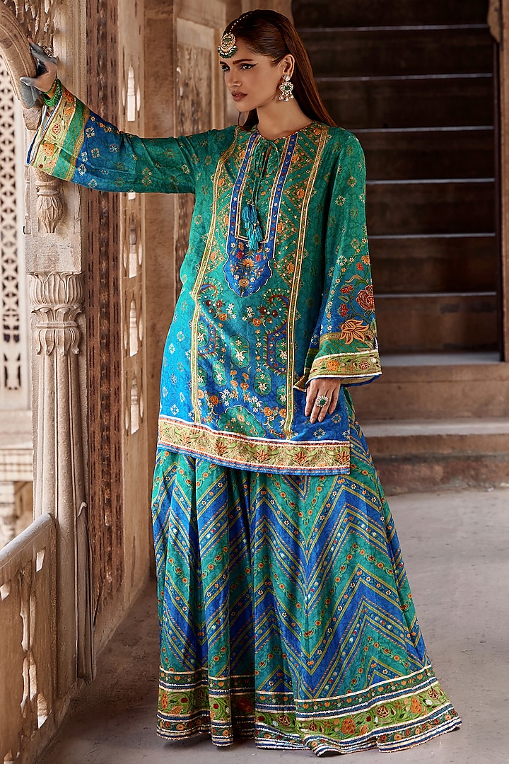 Tiffany & Cobalt Blue Silk Chanderi Floral Work Wedding Sharara Set by Kalista at Pernia's Pop Up Shop