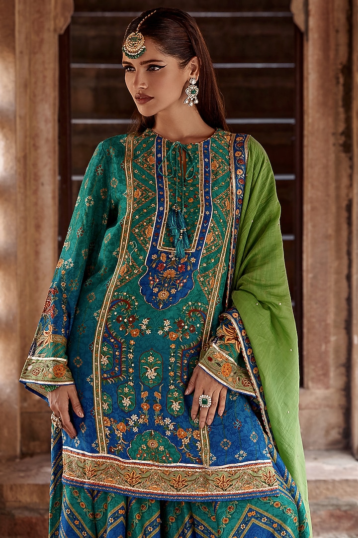 Tiffany & Cobalt Blue Silk Chanderi Floral Work Wedding Sharara Set by Kalista at Pernia's Pop Up Shop