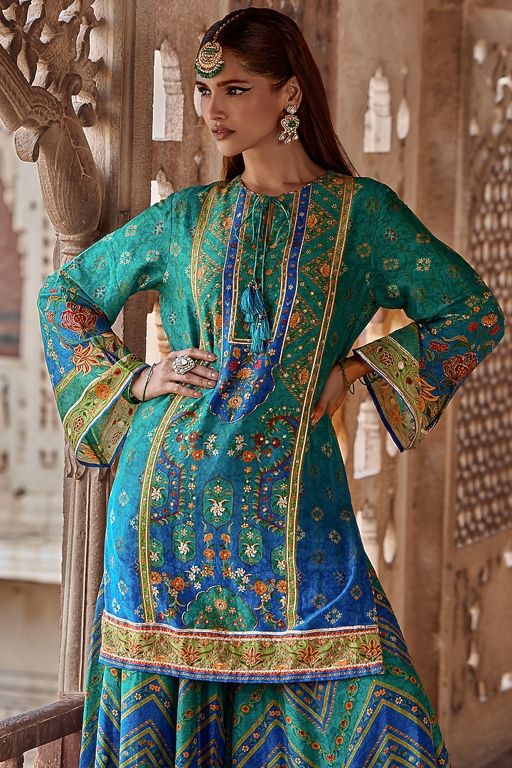 Tiffany & Cobalt Blue Silk Chanderi Floral Work Wedding Sharara Set by Kalista at Pernia's Pop Up Shop